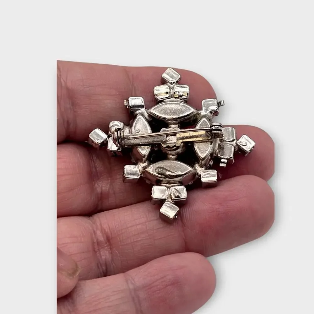 Ice Blue Starburst Rhinestone Brooch Silver Tone Mixed Cut Mid Century Cool Glam